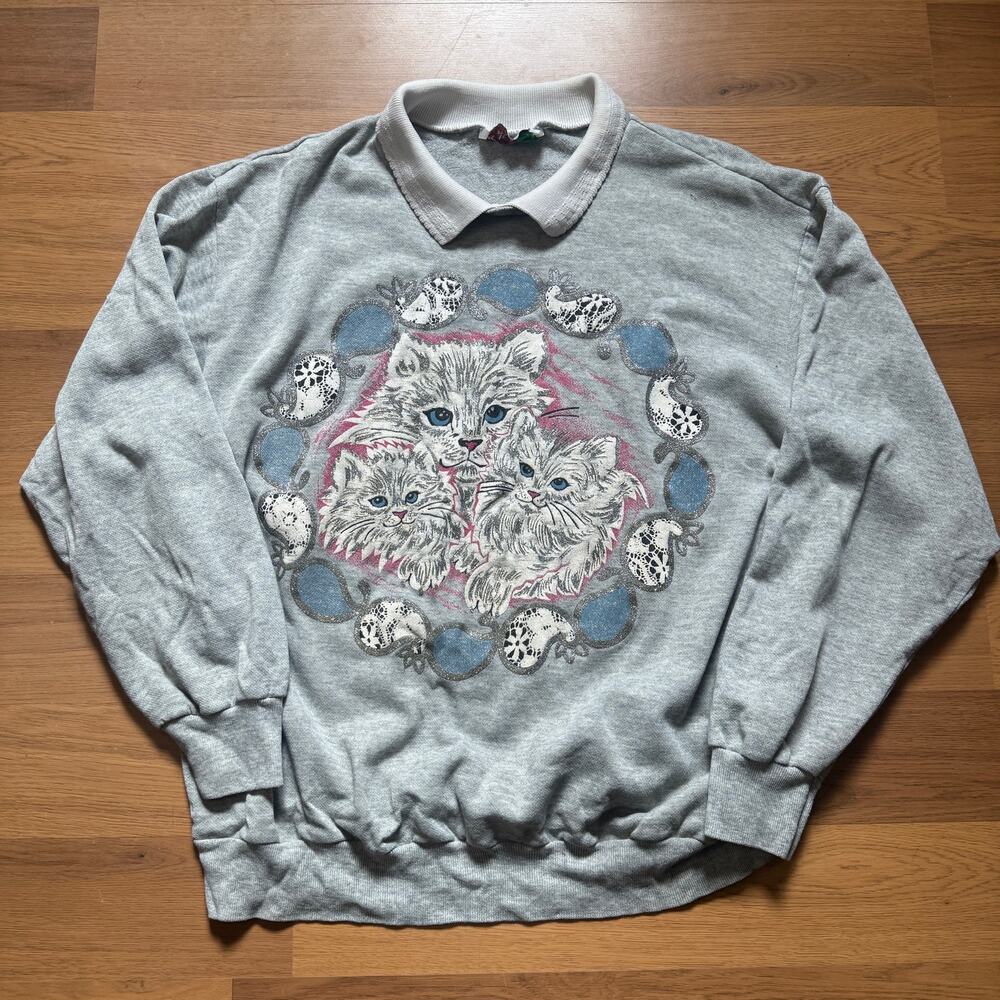 Women's Vintage 80's White Cat Kitten Collared Pullover Grandma Sweater Sz M VTG